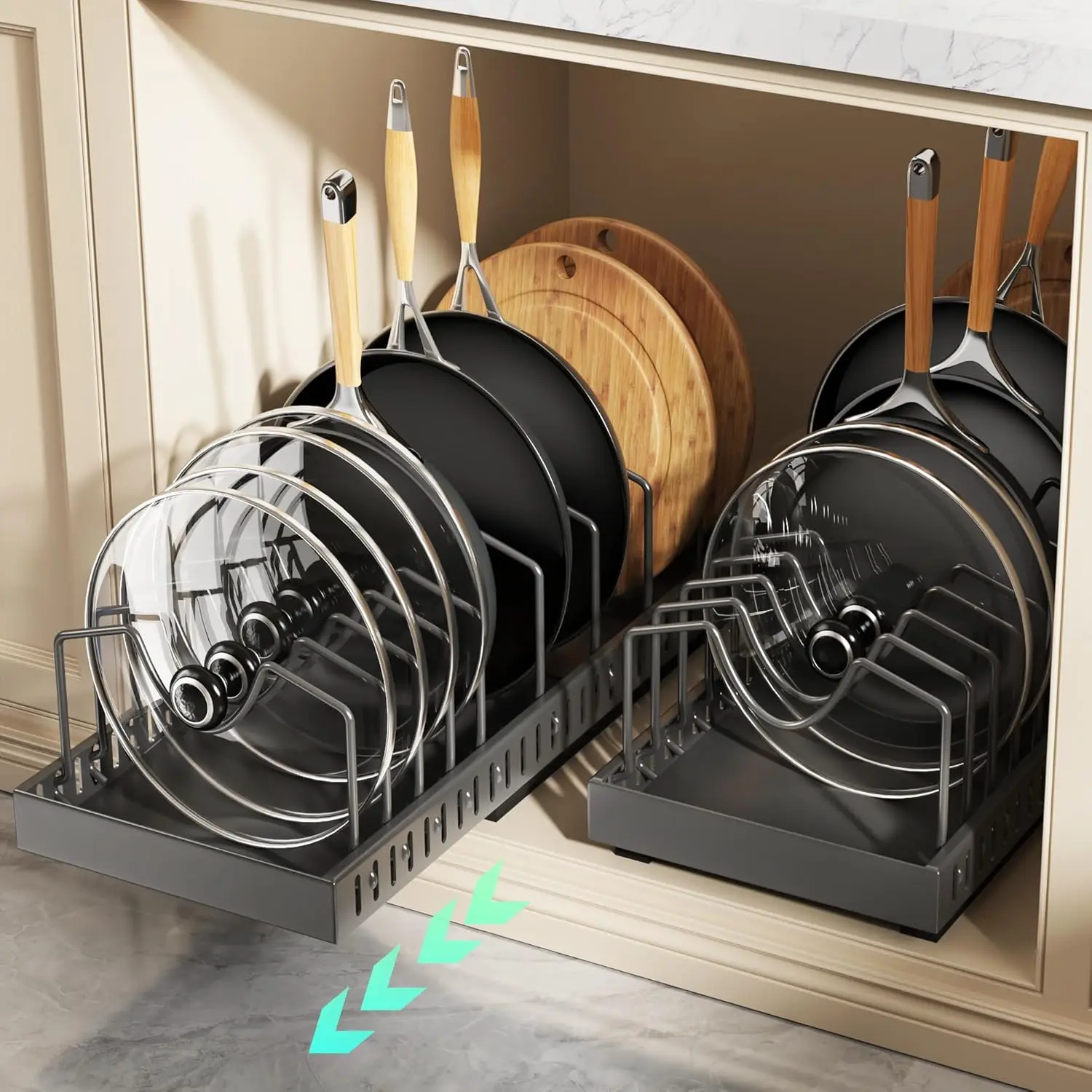 

Expandable Under Cabinet Pots and Pans Organizer with Sliding Lid Holder, 10 Adjustable Dividers, Black 2-Pack