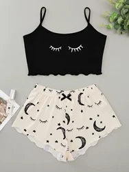 Pajamas Set for Women Sleepwear 2pcs Cute Moon Star Eyelash Printed Soft Comfy Sleeveless Crop Tops Shorts Homewear Pijamas