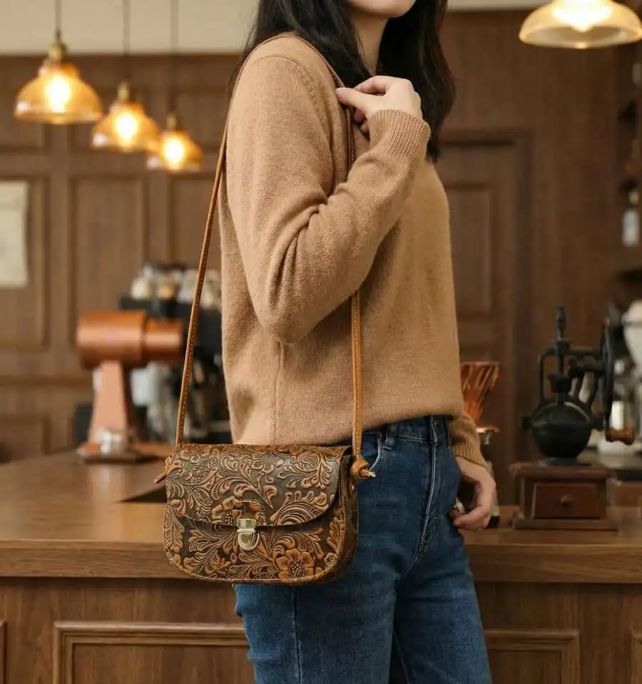 Classic Vintage Crazy Horse Leather Crossbody Shoulder Saddle Bag, Portable Cell Phone Handbag with Delicate Embossed Craftsmanship