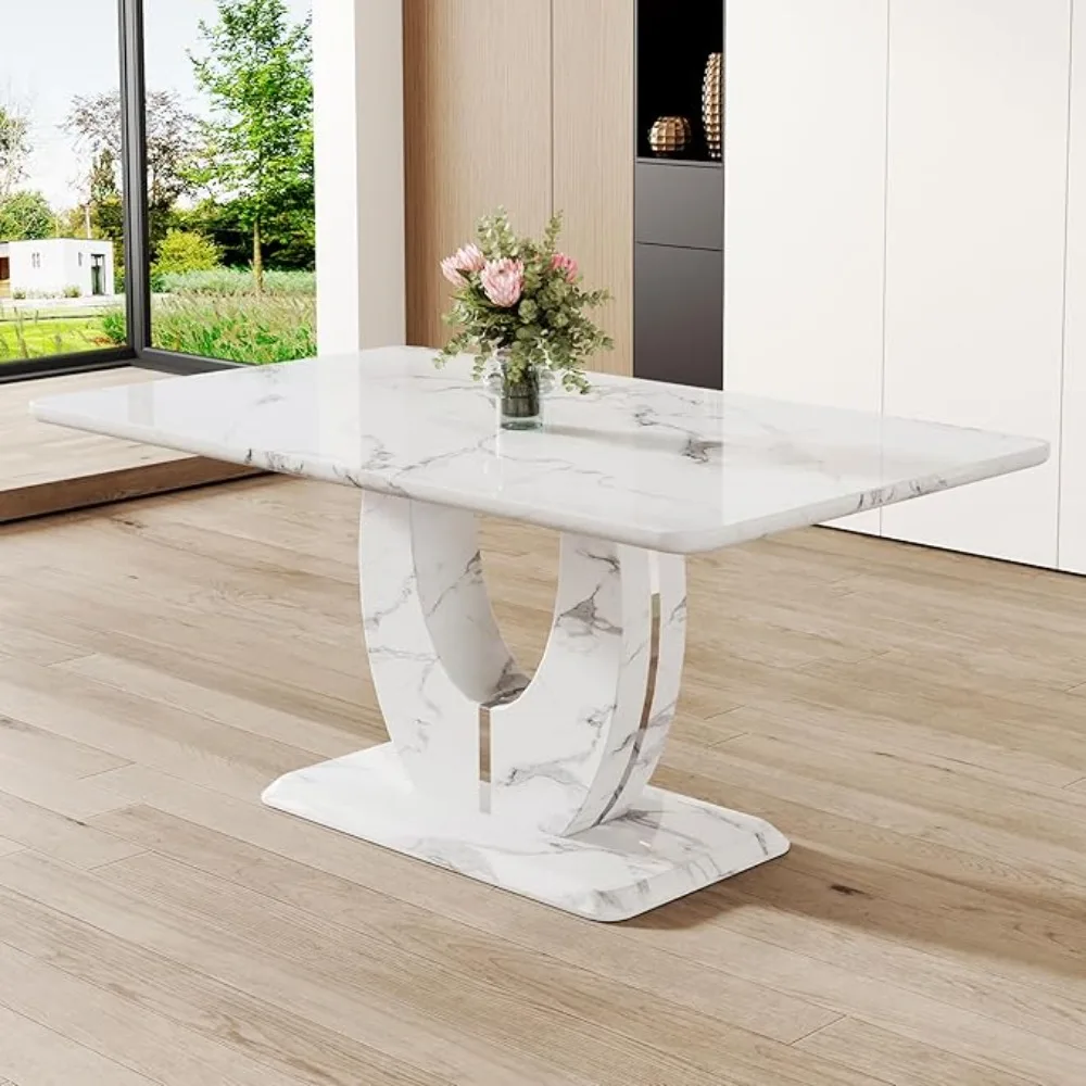 63”Modern Dining Table for 6,Rectangular Kitchen Table with Faux Marble Tabletop ＆ Ideal for Dining Room, Kitchen Room