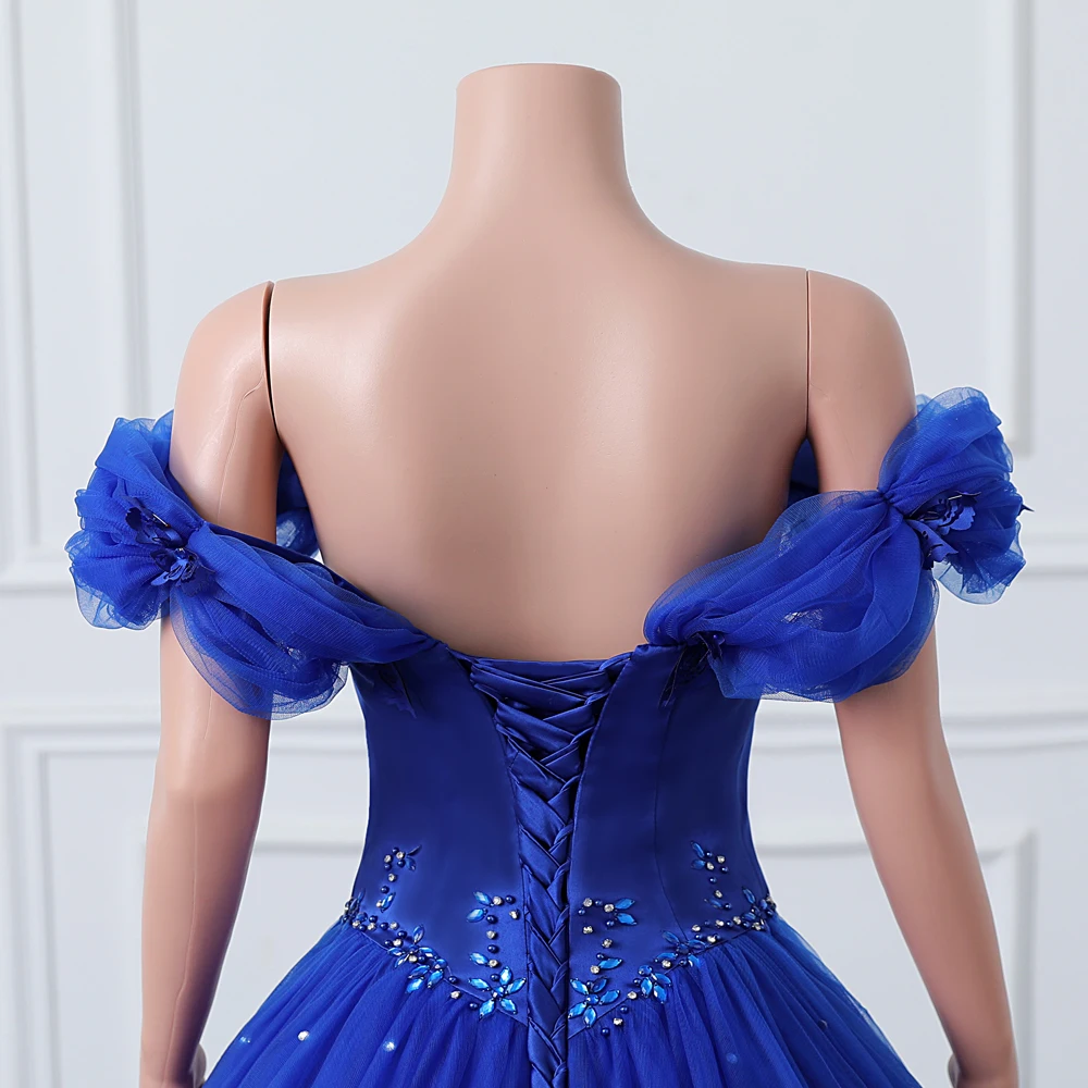 Luxury Crystal Beaded Evening Dresses Royal Blue Tulle Appliques Off Shoulder Formal Party Prom Ball Gowns Lace Up Custom Made