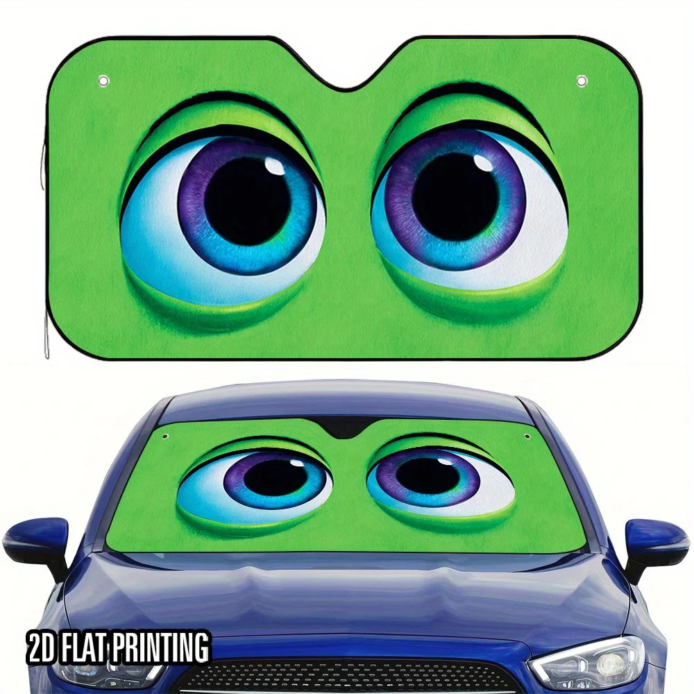 1pc 2D Flat Green Monster Eyes Car Sunshade - Stylish & Efficient, Includes 4 Suction Cups, Foldable For Easy Storage, Keeps You