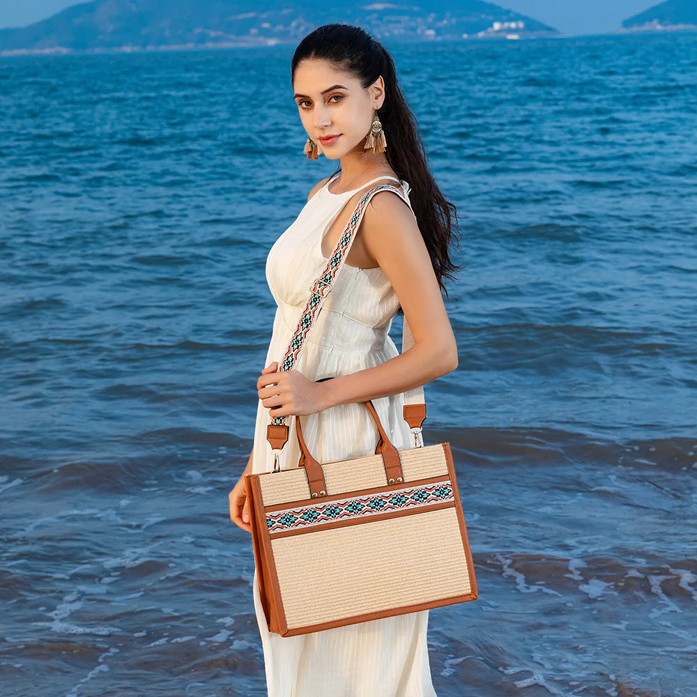 

Соломенная большая сумка для пляжа, кошелек на плечо с цветными блоками, сумка для отпуска большой вместимости ознаاب Teknikية 8)لاز품