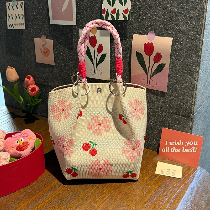 Beautiful Floral Knitted Handbag, High-Quality, Eco-Friendly, with Chinese Blessing Messages, Gift Bag, Multifunctional, Large Capacity Tote Bag, Suitable for Gifting to Family, Friends, Classmates, for Holidays, Shopping, Fashionable Handbag, Daily Casual Outing, Carrying Essentials, Women's Bag