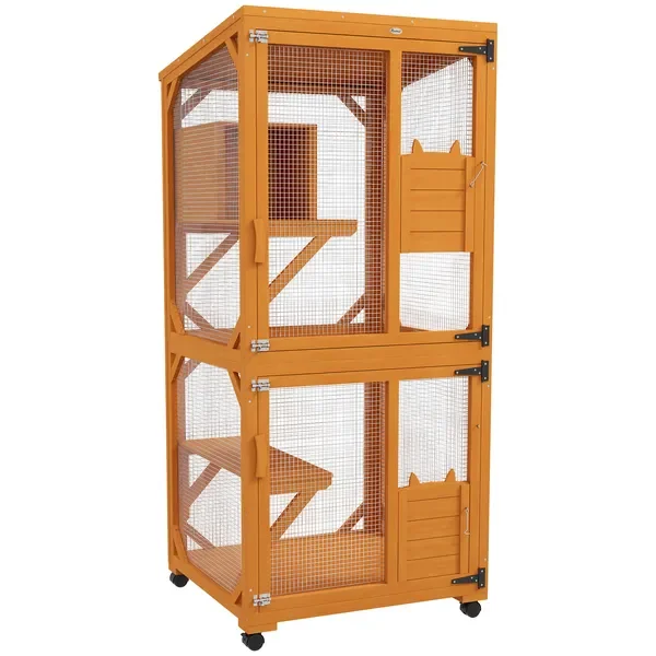 

Orange Wheeled Wooden Cat House with Enclosed Catio for 1 to 3 Cats, Portable and Easy to Move Indoor Outdoor Shelter
