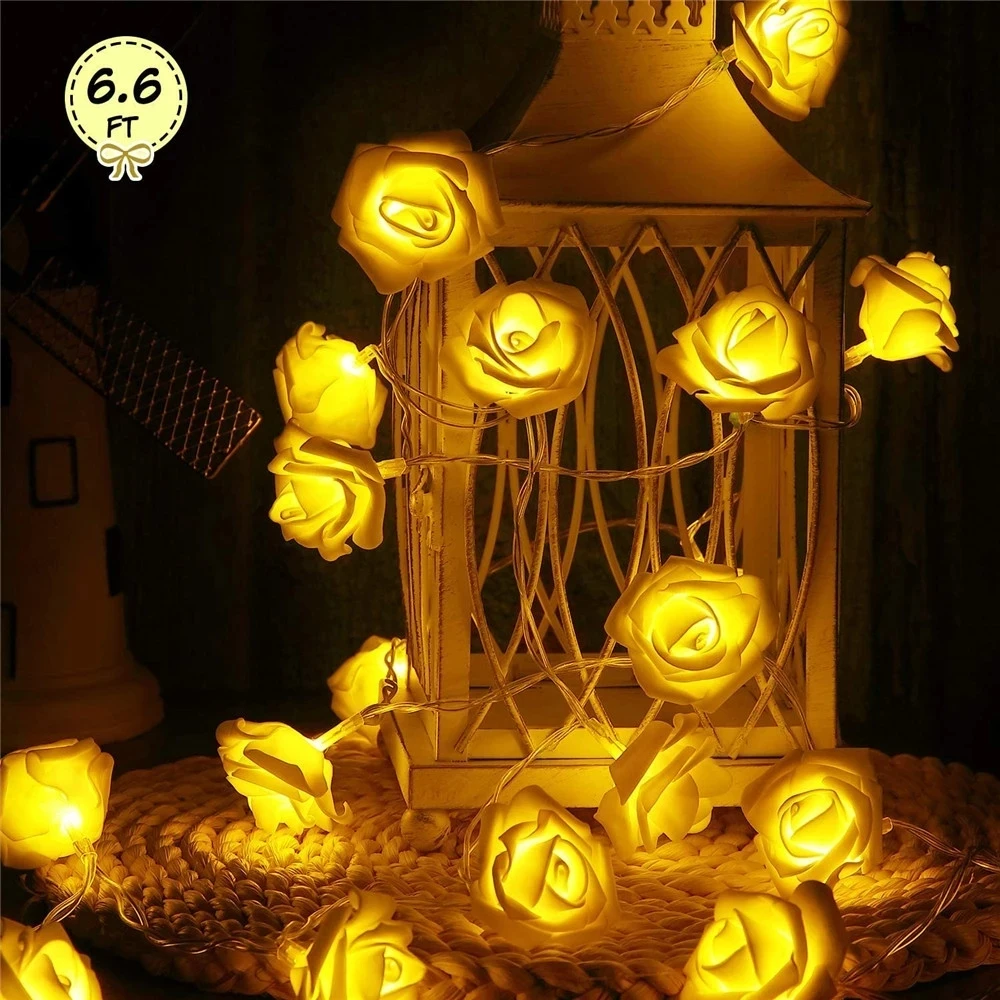 LED Rose Flower String Lights 6.6 ft 20 LEDs Battery Operated Indoor Outdoor DIY Lights Decorations for Mother's Day Valentine's