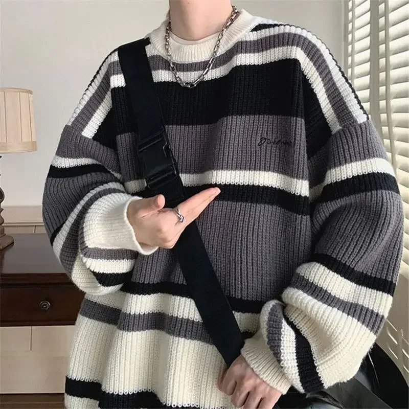 Winter Sweater Male Loose Fitting Student Japanese Vintage Stripe Contrast Base Coat Thread Coat Fashion Brand Knitwear Coat