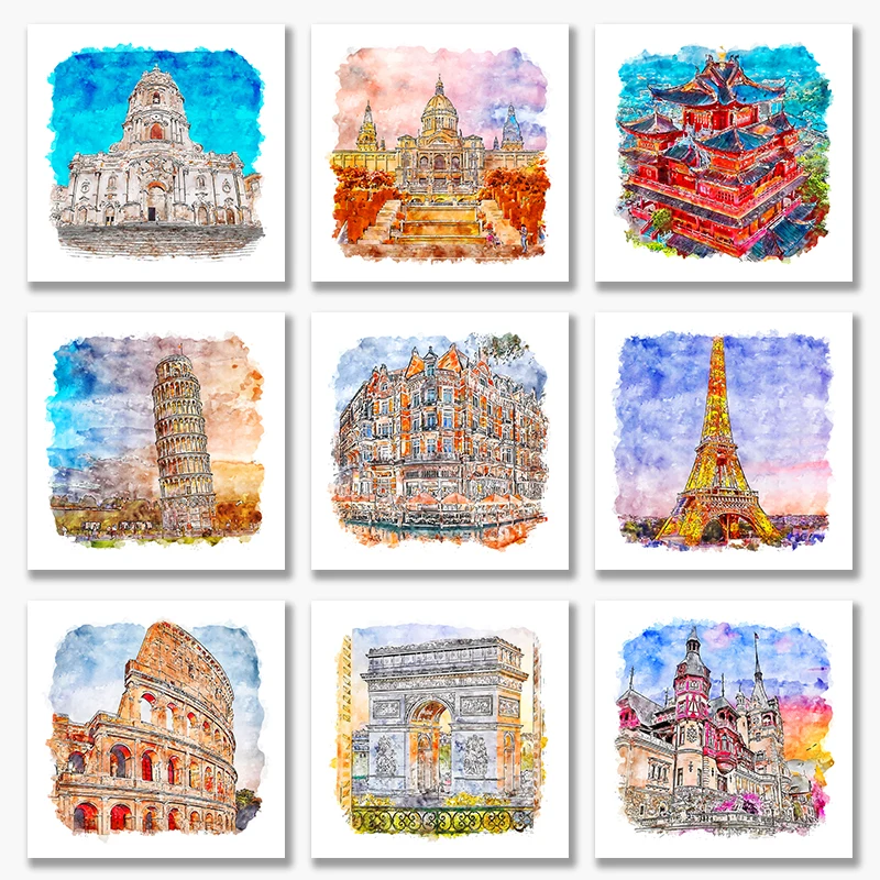 World Famous Buildings Poster Watercolor Canvas Painting Eiffel Tower Fraumunster Triumphal Arch Wall Art HD Pictures Home Decor