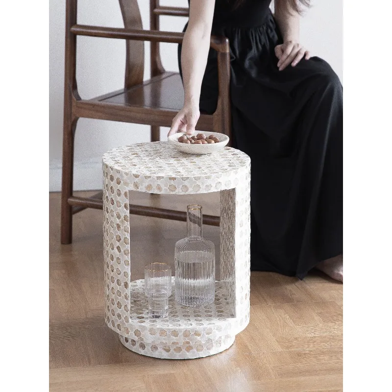French Style Shell Inlay End Table, Luxury Storage Corner Table, Decor Sofa Side Table for Living Room Home Decor