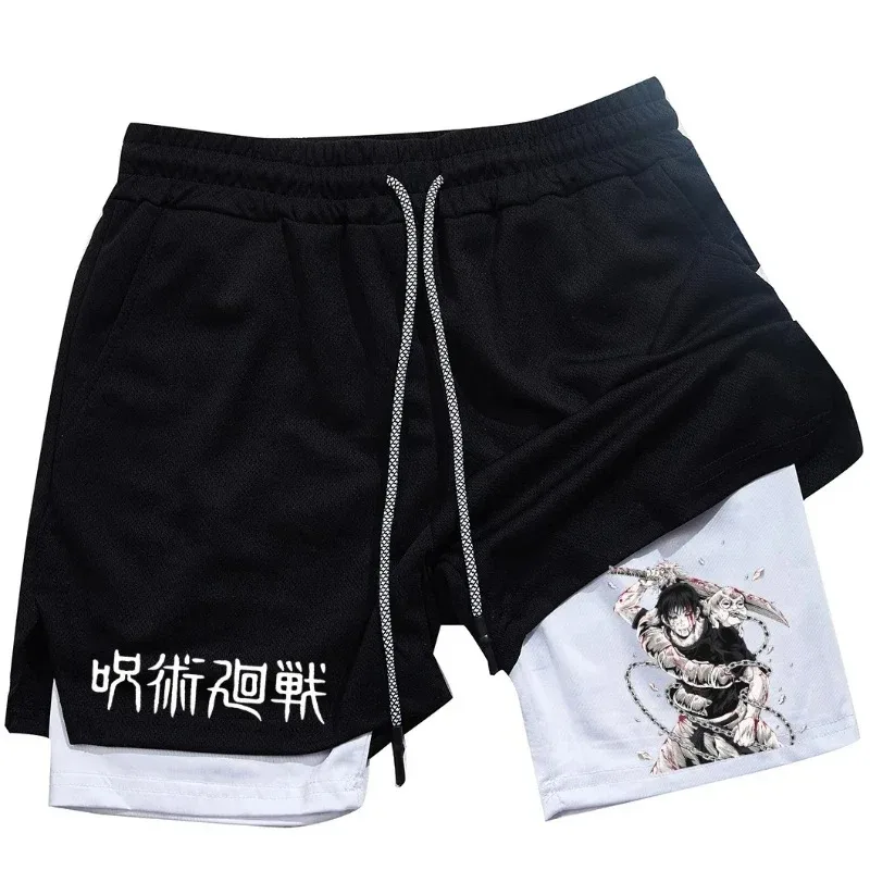 

Anime printed men's sports and leisure shorts, double-layer mesh 2-in-1 fitness running shorts for men