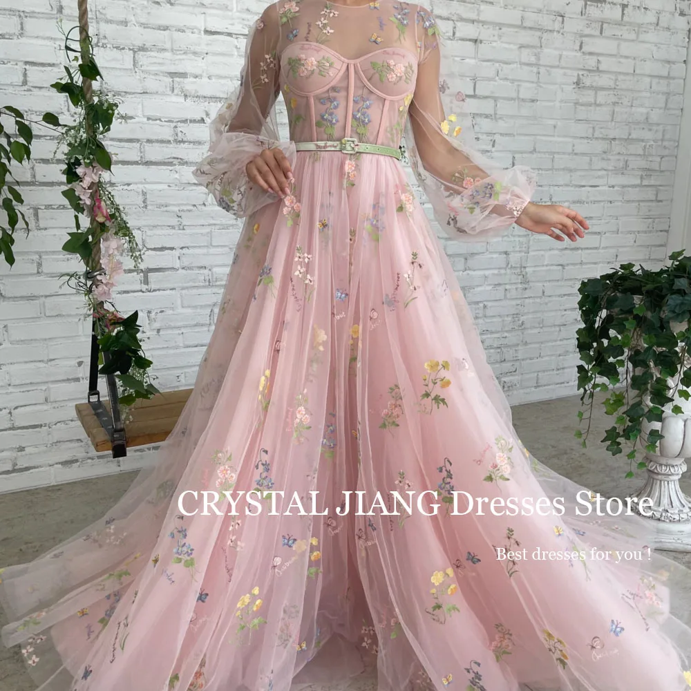 Customized Long Pink Prom Dresses O Neck Tulle Long Puffy Sleeves Lace Embroidery A Line Sweep Train فساتين للحفلات الراقصة