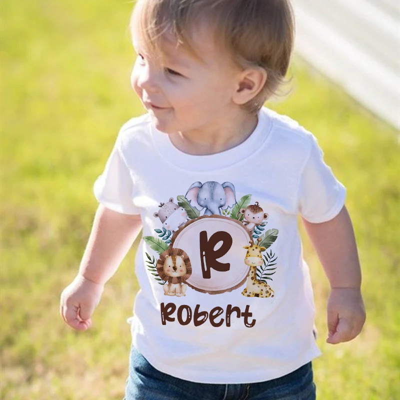 Personalized Birthday Shirt Safari Animals Printed T-Shirt Boys Wild Birthday Party T Shirt Kdis Initial with Name Clothes Tops