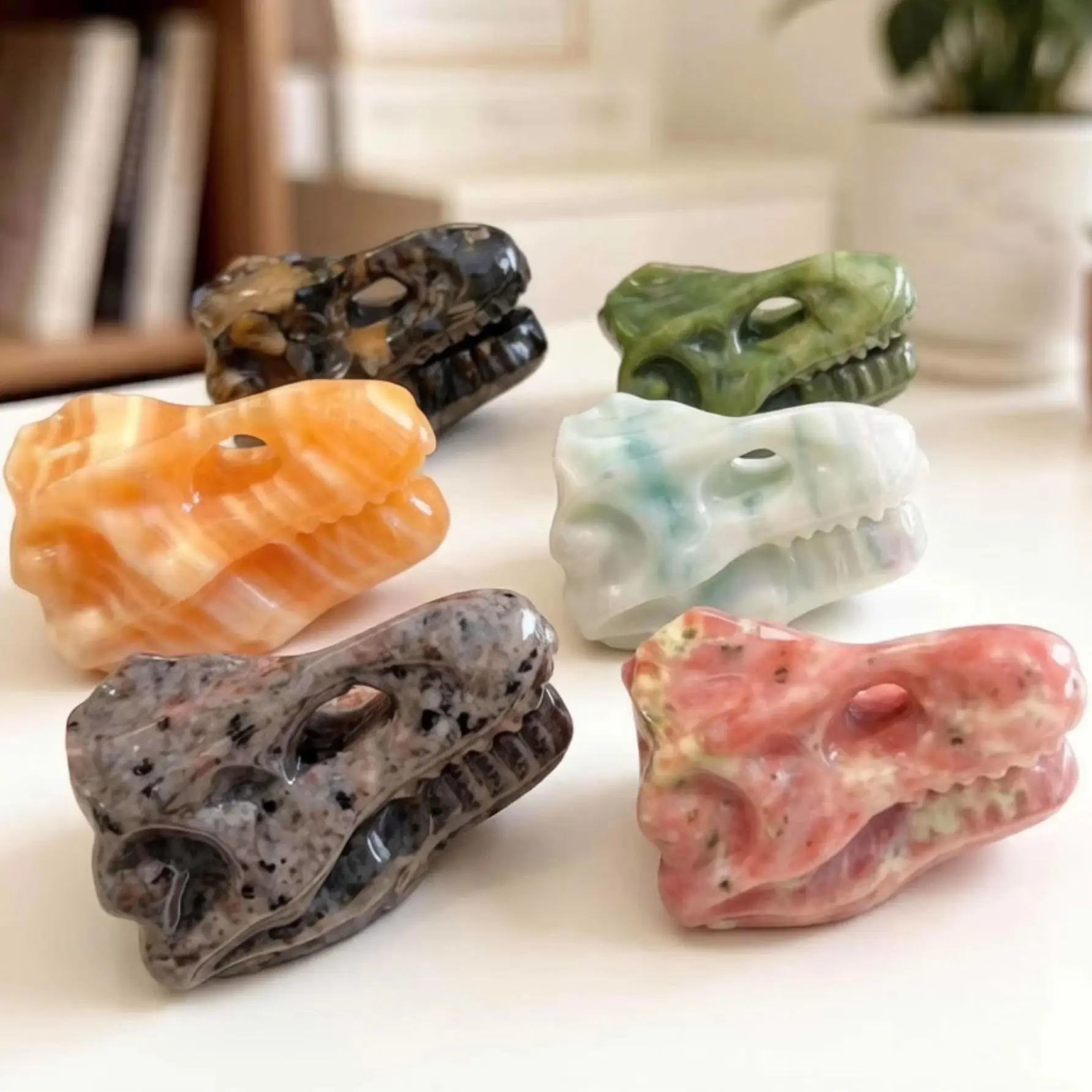 Natural Crystal Dinosaur Skull Hand Carved Gemstone T-Rex Skull Figurine Polished Prehistoric Home Decor Altar Collectible Gifts