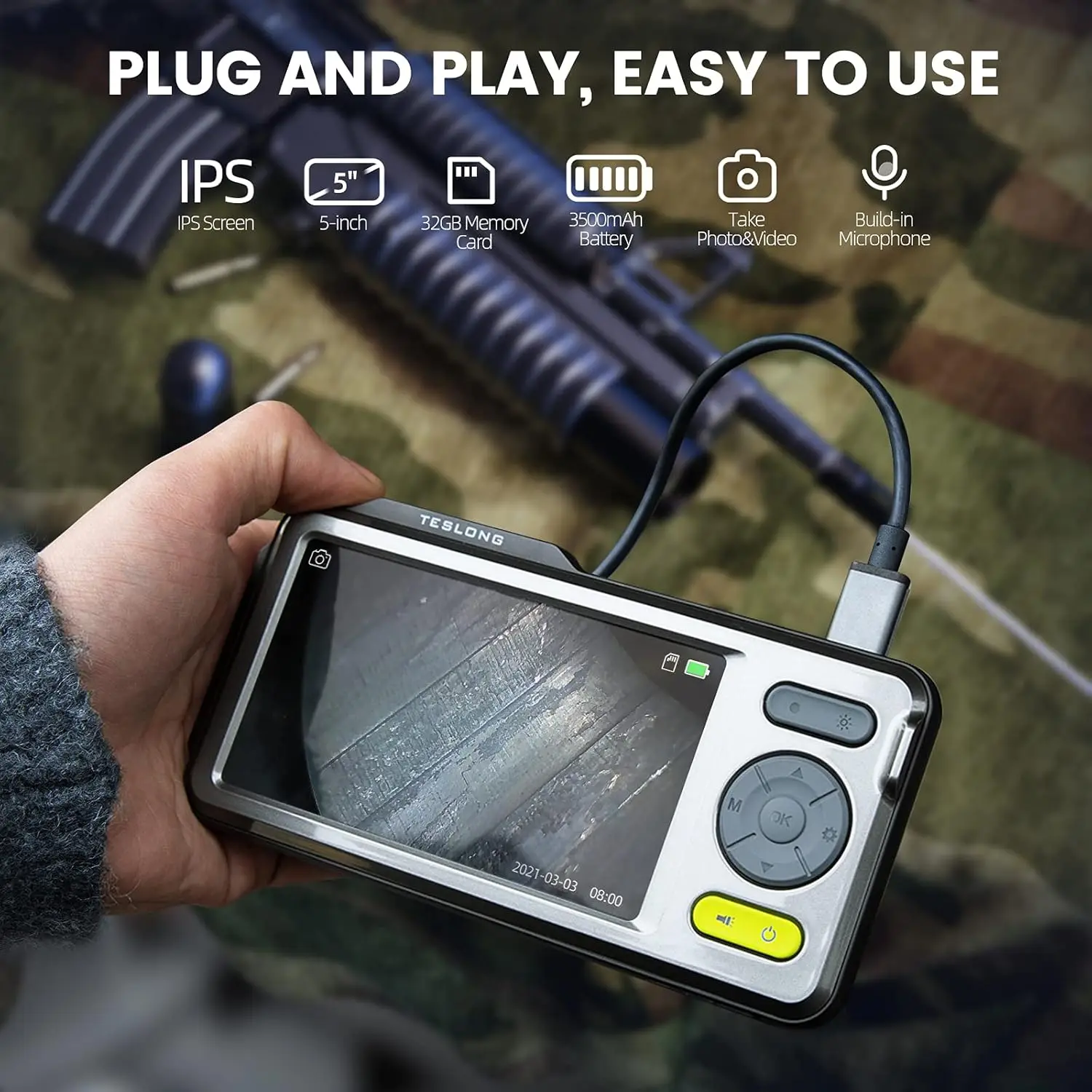 Teslong Borescope NTG500H Rifle BORESCOPE with 5-INCH IPS Screen, All-in-ONE inspection camera with 26-INCH Rigid Probe