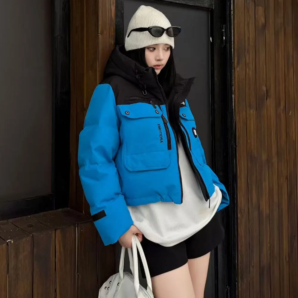 Inverno pato branco para baixo casaco puffer parkas roupas de trabalho feminino quente engrossado curto outwears feminino retalhos com capuz jaqueta