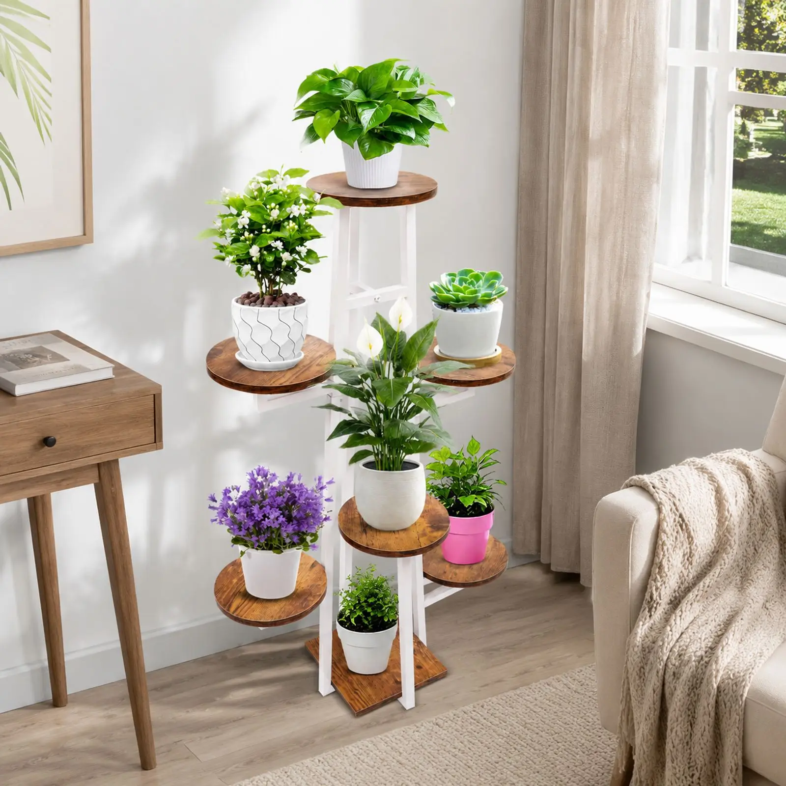 7-stufiger Blumenständer, weiß/schwarzer Blumentopfständer, Pflanzenständer und Pflanzenregal, Präsentationsständer für das Wohnzimmer – Detail 6