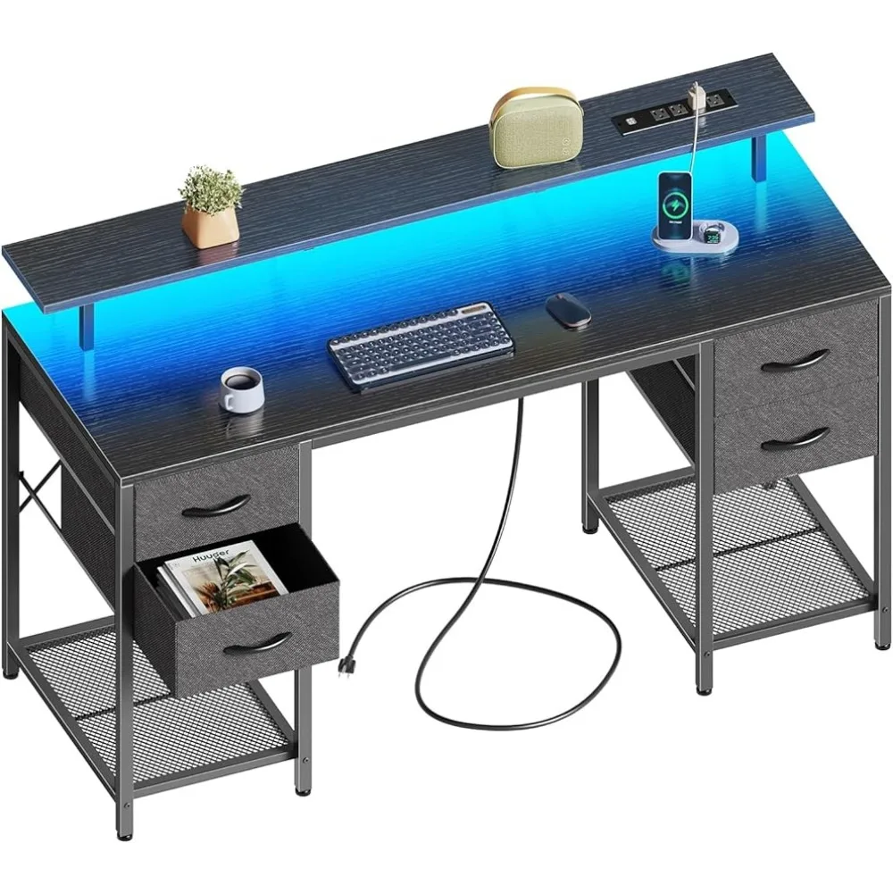 

Huuger 55 inch Computer Desk with 4 Drawers, Gaming Desk with LED Lights & Power Outlets, Home Office Desk