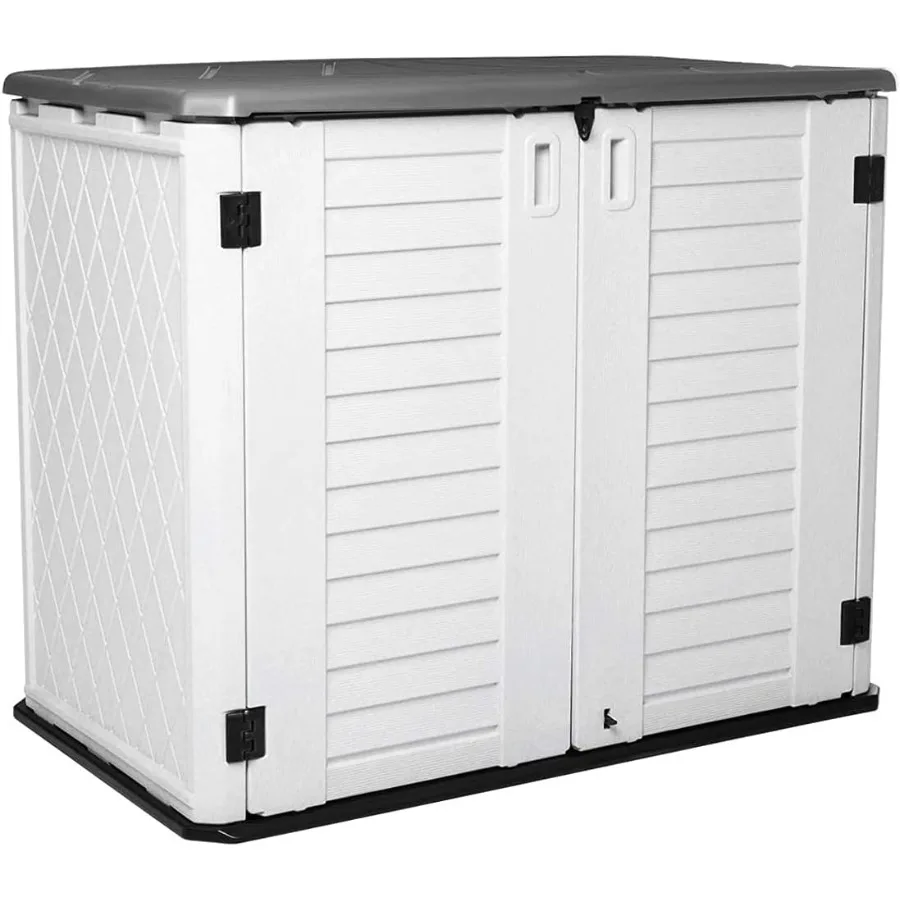 Horizontal Outdoor Garden Storage Shed for Backyards and Patios, Plastic Waterproof Storage Box, Gray, 26 Cu Ft Capacity for Bi