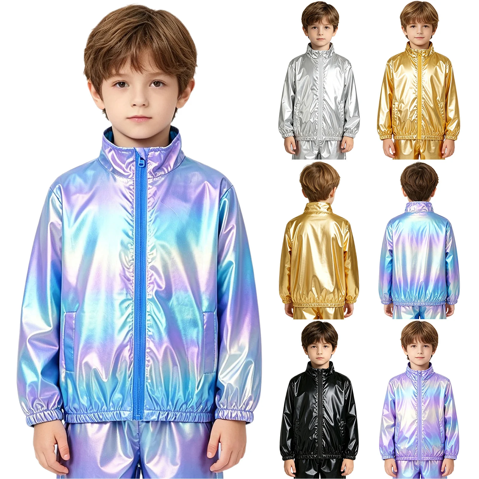 Kids Boys Girls Metallic Jacket Long Sleeve Zip-up Shiny Coat Lightweight Pockets Outerwear for Casual Daily Life Birthday Party