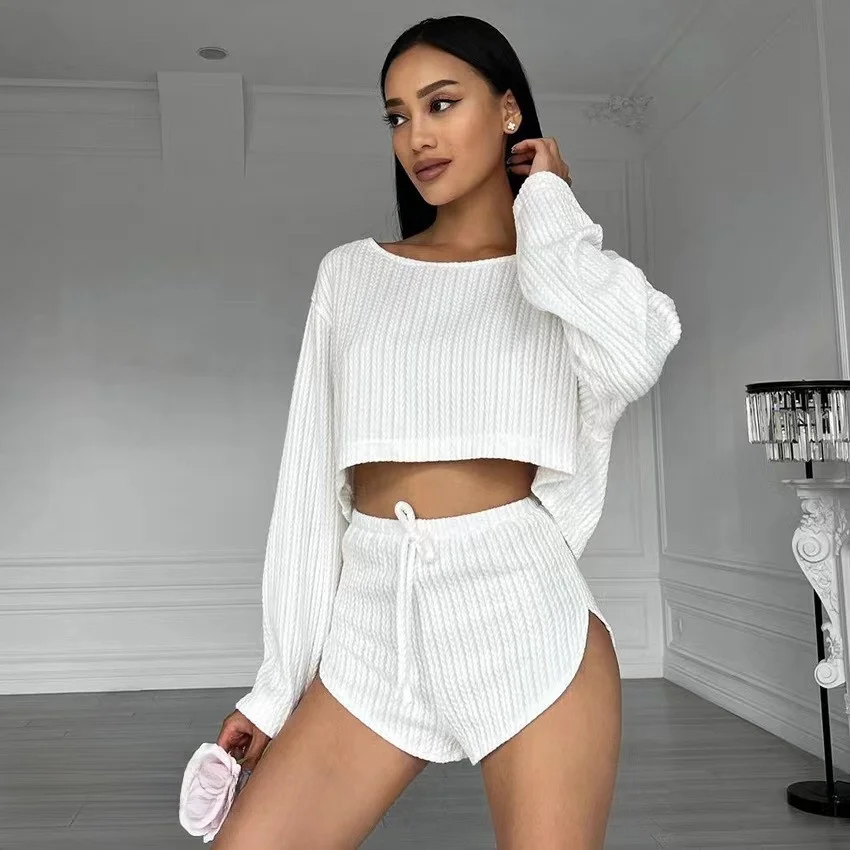 

Женский вязаный комплект Long Sve Top And orts, летняя повседневная домашняя одежда из тонкого материала, круглый пуловер, брюки