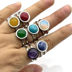 10pcs 10mm Natural Stone Stainless Steel Open Rings Women Boho Green Aventurine Black Agate Reiki Healing Crystal Finger Jewelry