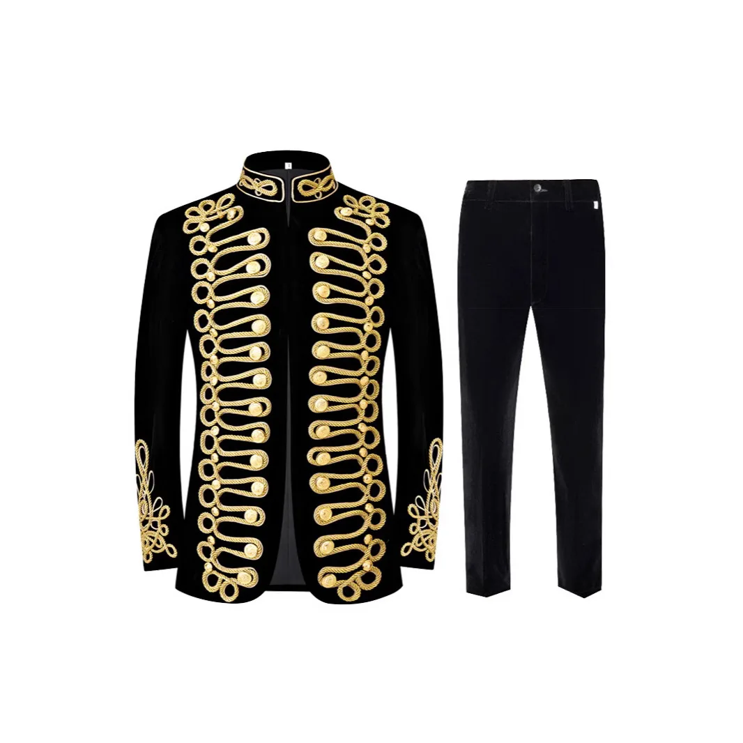 

Men Prom Suit European Court Aristocrat Retro Military Uniforms Velveteen Handiwork Tray Gold Rope Coat Black Costumes