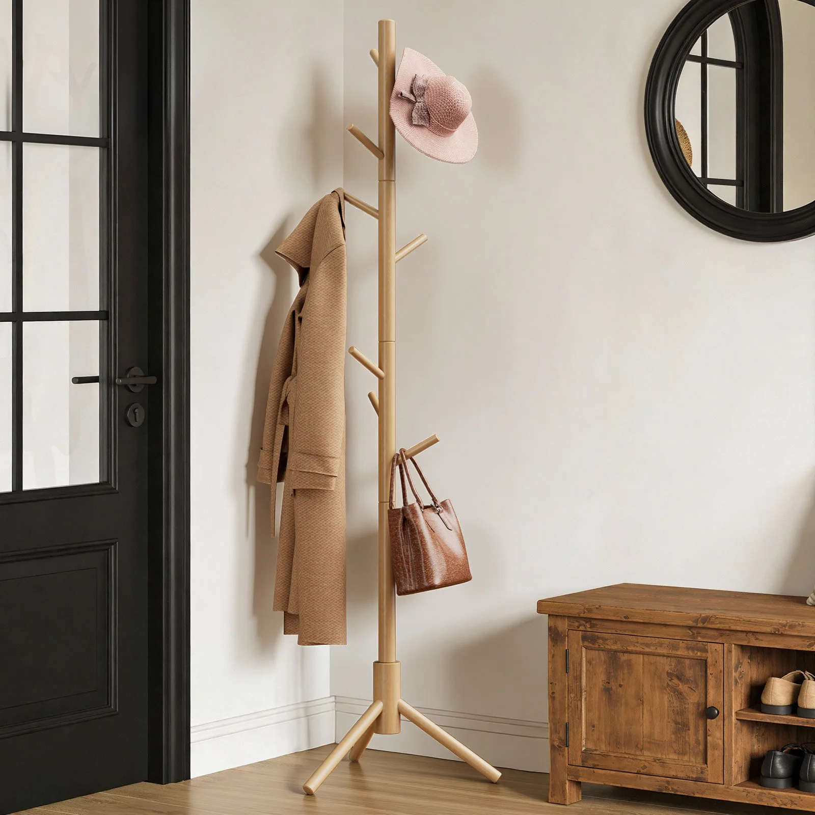 Solid Wooden Coat Rack Freestanding, Hall Tree with 8 Hooks, 3 Height Options for Coats, Hats, Handbags, and Scarves, Tool-Free Assembly, Space Saving Design for Entryway, Office, Bedroom