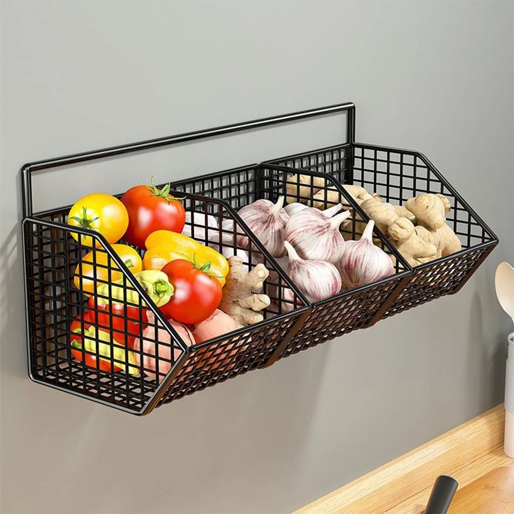 

1PC 3 Grids Wall Mounted Storage Rack Onion Ginger Garlic Condiments Spice Kitchen Shelf Punch-Free Vegetable Fruit Drain Basket