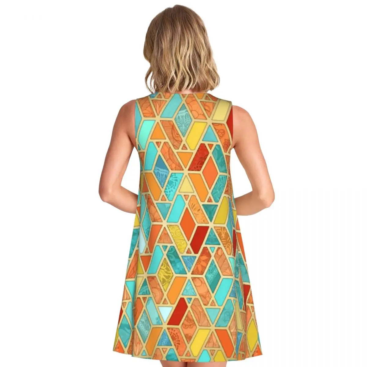 Abstract Patchwork Dress Geometric Tile Print Modern Dresses Female Sleeveless Streetwear Casual Dress Daily Oversized Vestidos