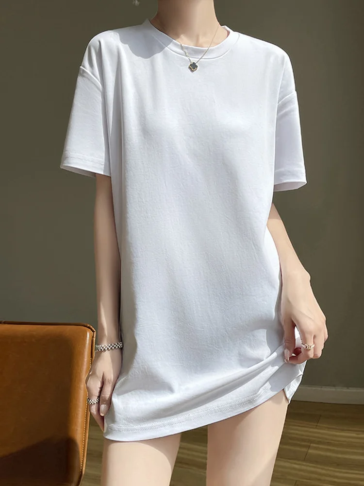 Summer New Style White Pure Cotton Short Sleeve T-Shirt Women's Mid-Length Loose Butt Covering Base Layer Trendy Top