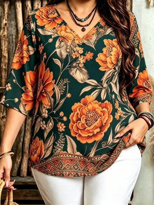 Plus Size Boho Floral Print Blouse V‑Neck 3/4 Sleeve Decor Buttons Half Placket Loose Vintage Women Casual Daily Top