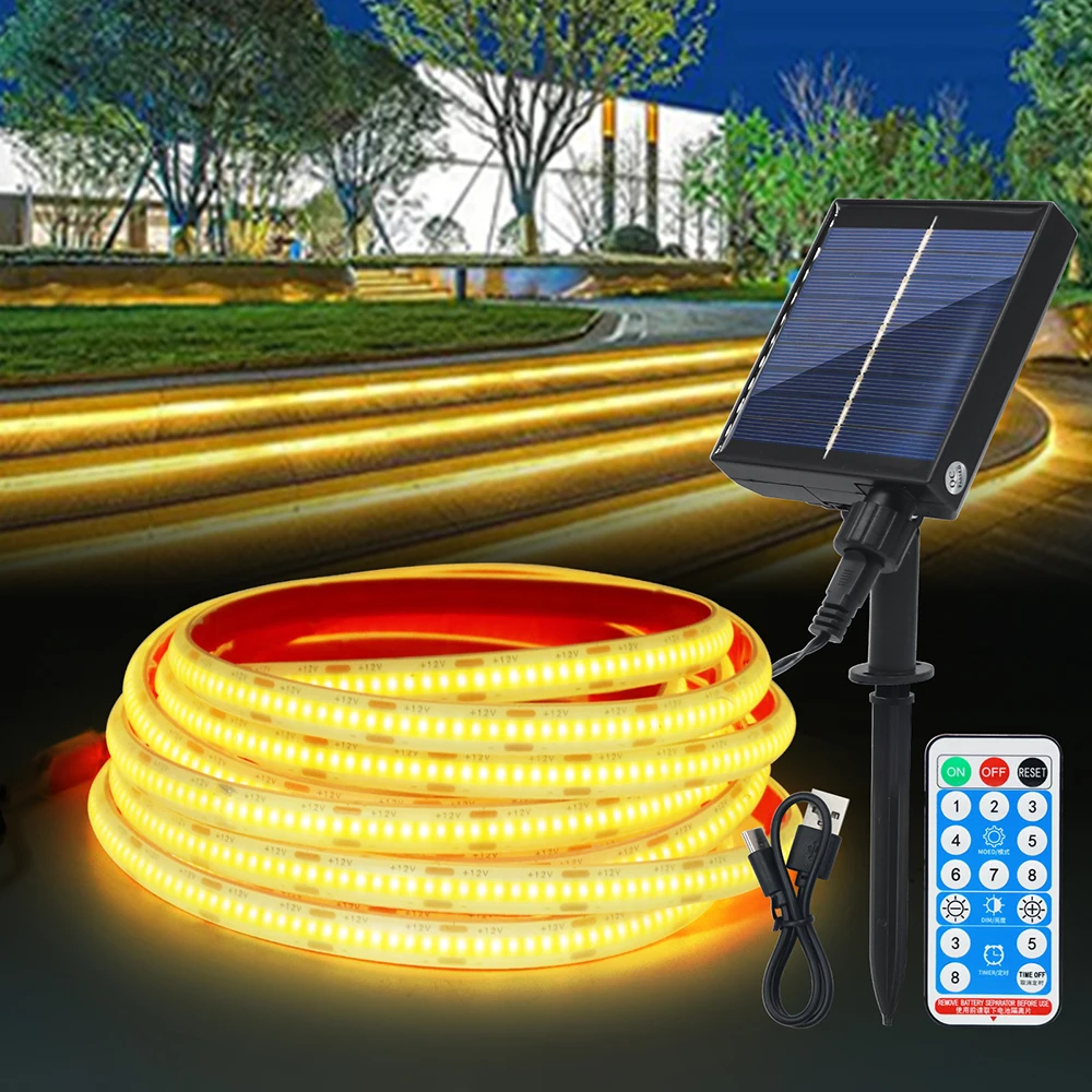 12V COB Solar Light Strip Remote Control Adhesive Tape Waterproof IP68 320LEDs High Density Flex Linear Light Warm Natural White