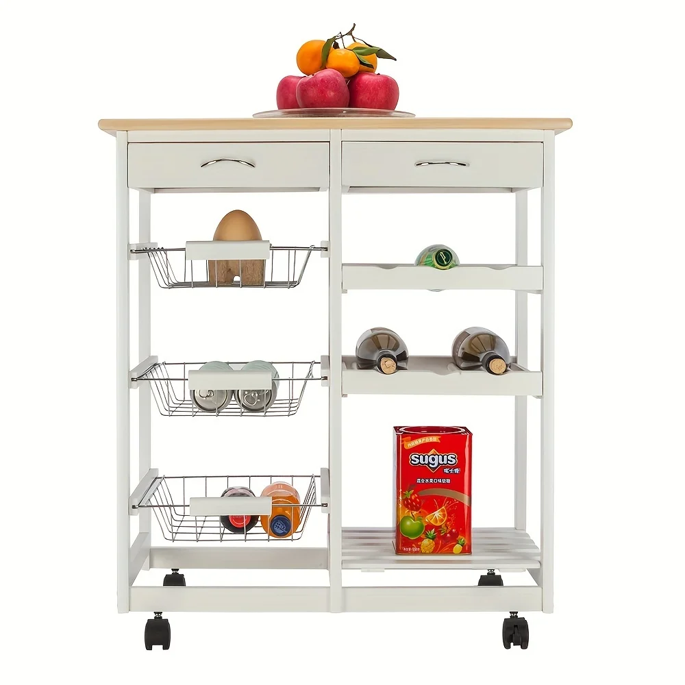 

1pc, White Dining Cart, Moveable Kitchen Cart With Two Drawers & Two Wine Racks & Three Baskets White Wood trays Walnut tray Spo