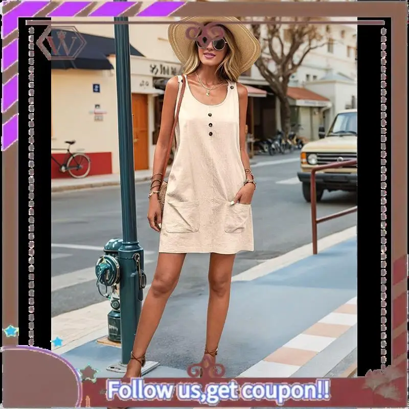 A95D-Summer Dress For Women Sleeveless Tank Dress With Pockets Casual Short A Line Dress Crewneck Sundress