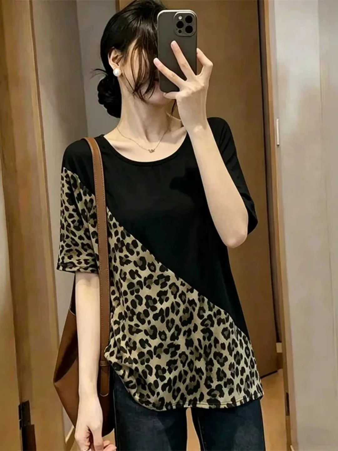 American Style Splice Short Sleeve T-Shirt Women's Summer plus Size Slimming Base Shirt Commute Wind High Waist Regular Sleeve