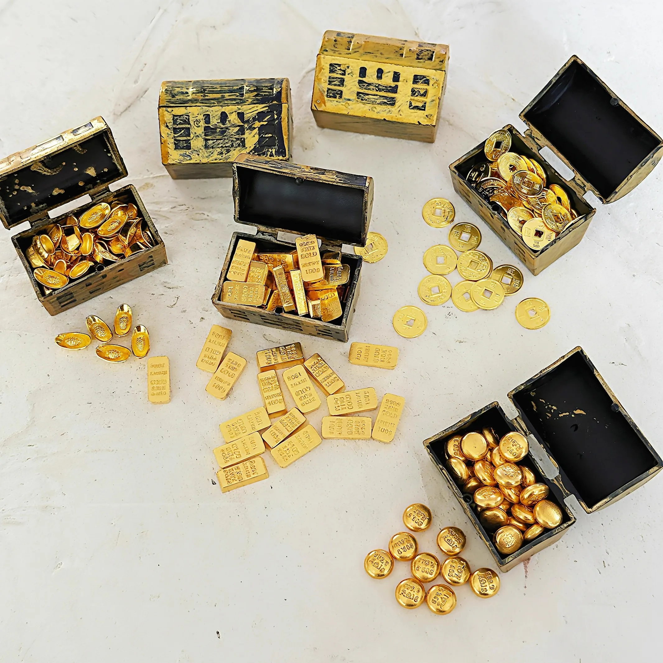 Mini Alloy Golden Bars with Pirate Chest Decor - Realistic Metallic Finish, Durable Metal Construction,