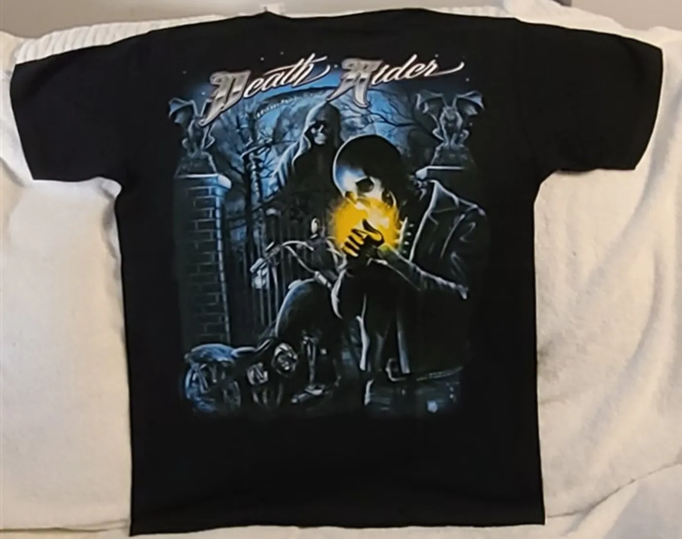 SKELETON SKULL BIKER MOTORCYCLE GRIM REAPER SCYTHE DEATH RIDER GARGOYLE T-SHIRT