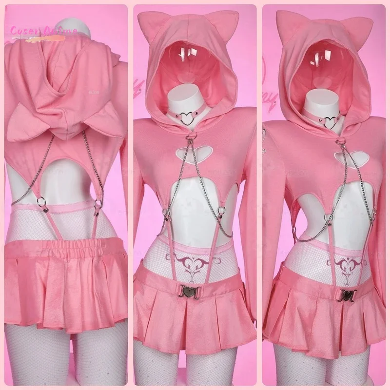 

Розовый костюм для косплея с выдолбленным сердечком и котом на Хэллоуин, Рождество, аниме, вечерние игры Comic Con, повседневная модная одежда