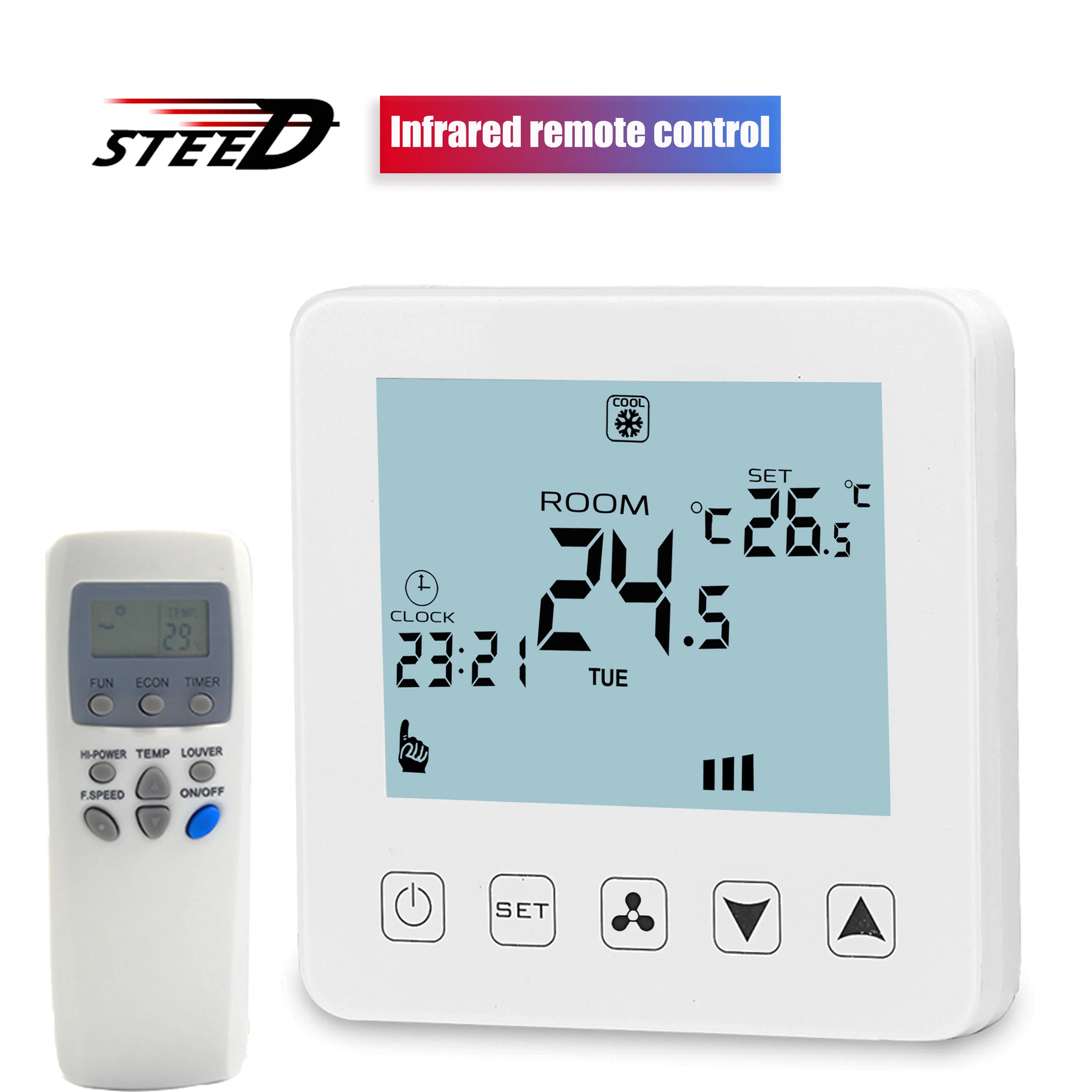 Adjustable Thermostat with Infrared Remote Control,Heating/Cooling, 2P/4P Options, 3-Speed Fan,White/Black/Gold Panel