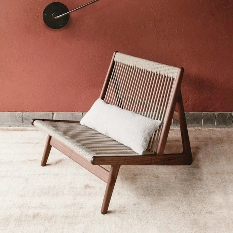 

Balcony leisure sofa Nordic retro solid wood braided rope bedroom living room lazy chair