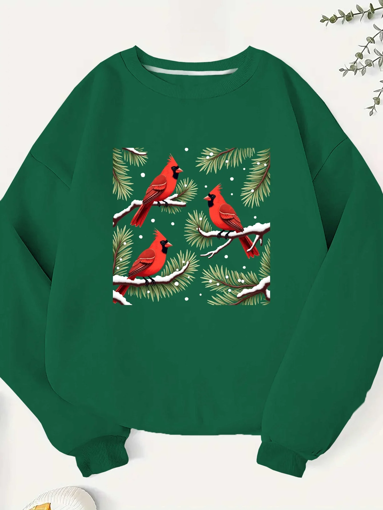 Large Size-Large Size Women's Winter Sweatshirt-Rich Green Background with Red Cardinals-Tec Pullover
