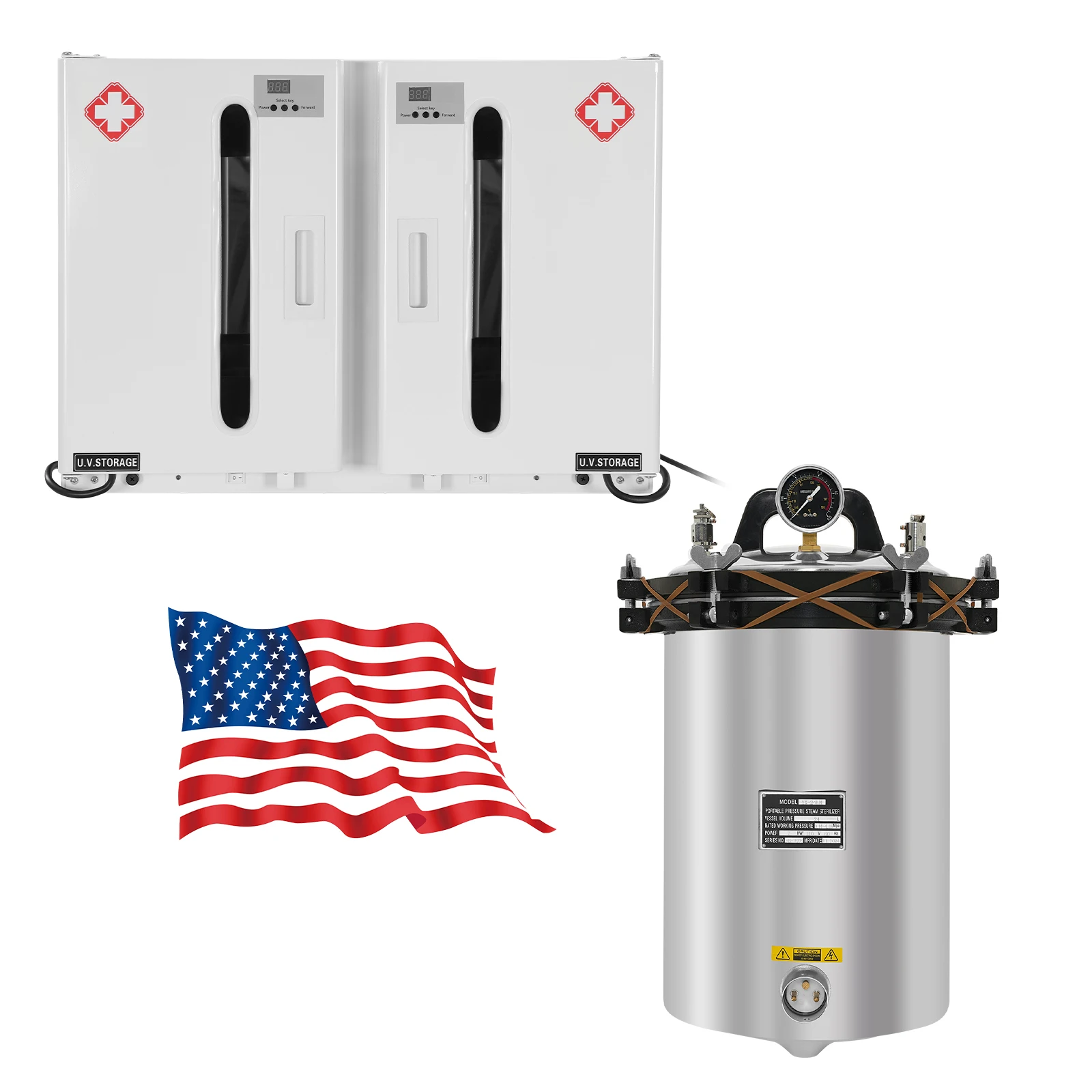 

Паровой стерилизатор-автоклав на 24 л с нагревом углем и электричеством / УФ-стерилизационный шкаф на 54 л с функцией таймера и лотками