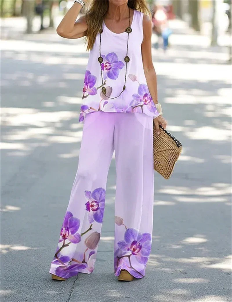 Women Elegant Botanical Flower Print Two Piece Sets O Neck Pullover Vest Sleeveless Tops Wide Leg Long Pants Casual Female Suits