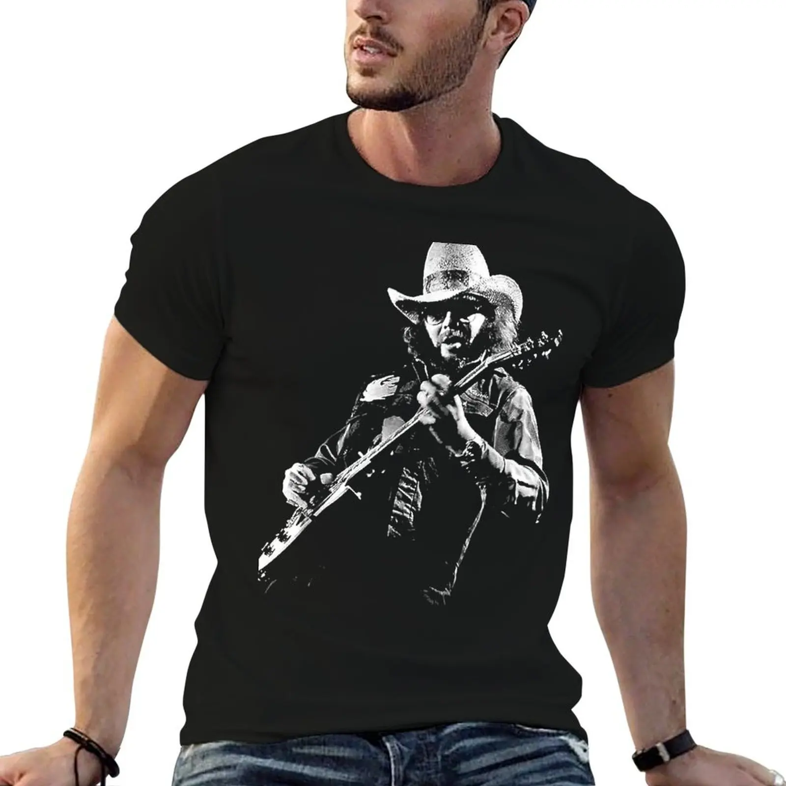 

Guitar Williams and T-Shirt Black t Playing casual Hank man Music Jr shirt Arts White