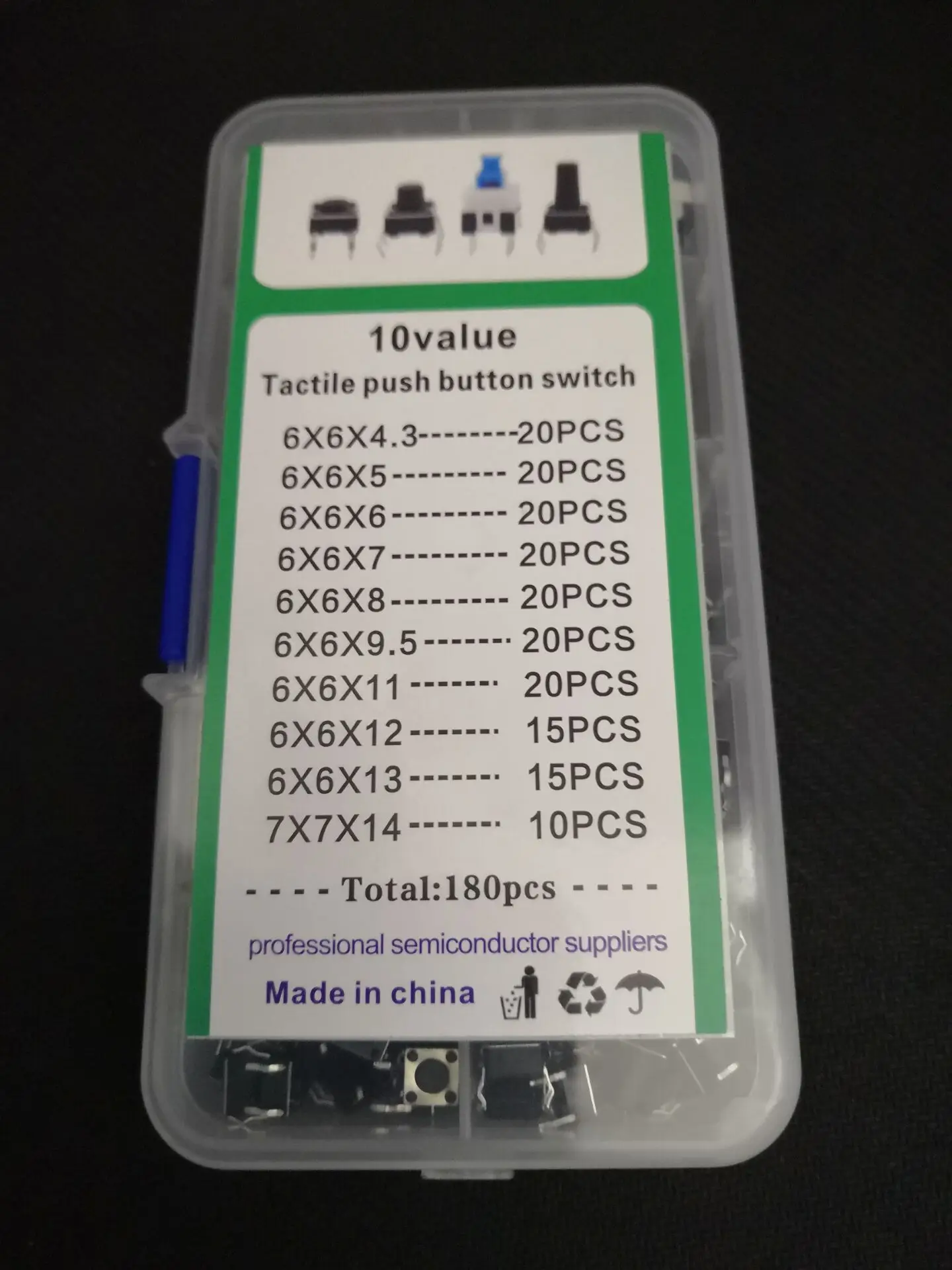 180PCS 10Value Button Touch Switch Kit Box Assortment 6*6*4.3 5 6 7 8 9.5 11 12 13/7*7*14mm Pack Electronic Component Assorted