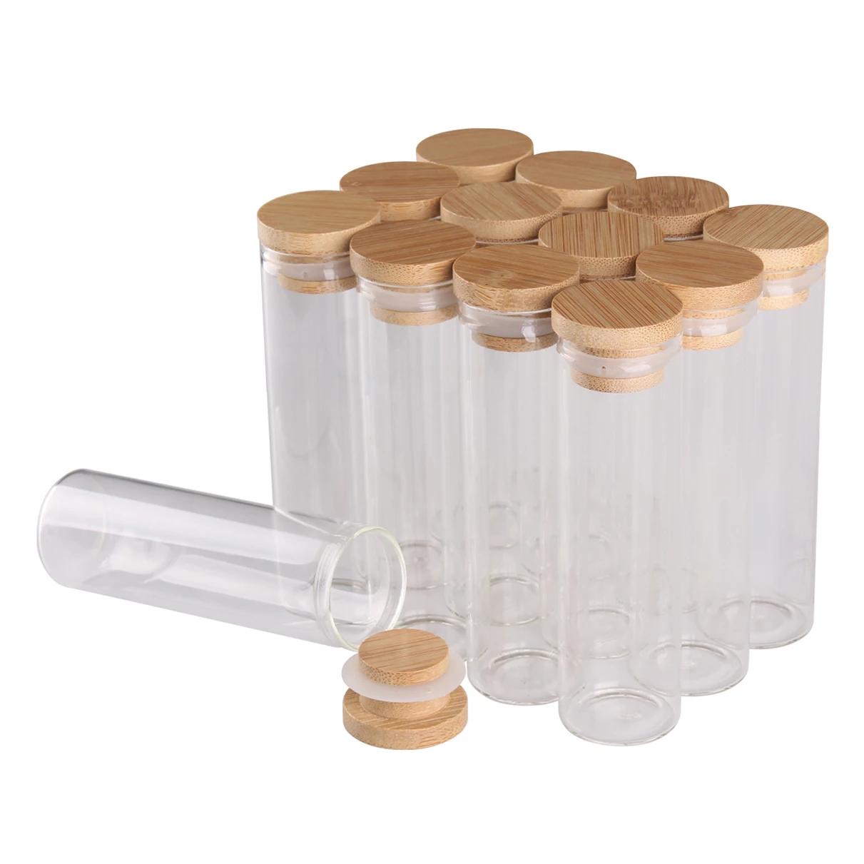 

12pcs 60ml 30*120mm Transparent Glass Bottles Jar Vials with Bamboo Lids Spice Pill Container for Art Crafts Wedding Favors