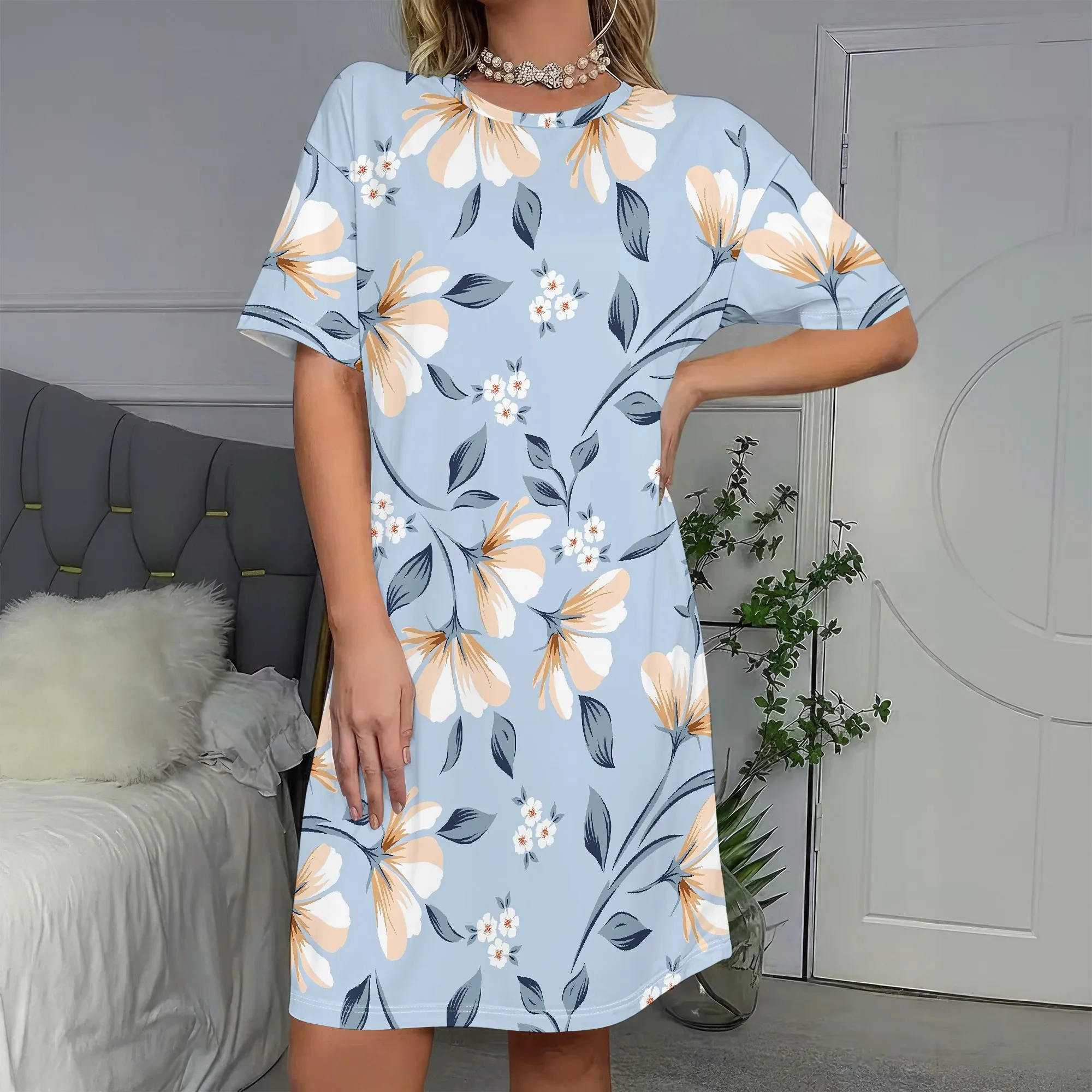

Floral Print, Short Sleeve Dress, Blue Pattern, Summer Casual Wear, Beach Vacation Outfit, Women's Fashion, S-2XL