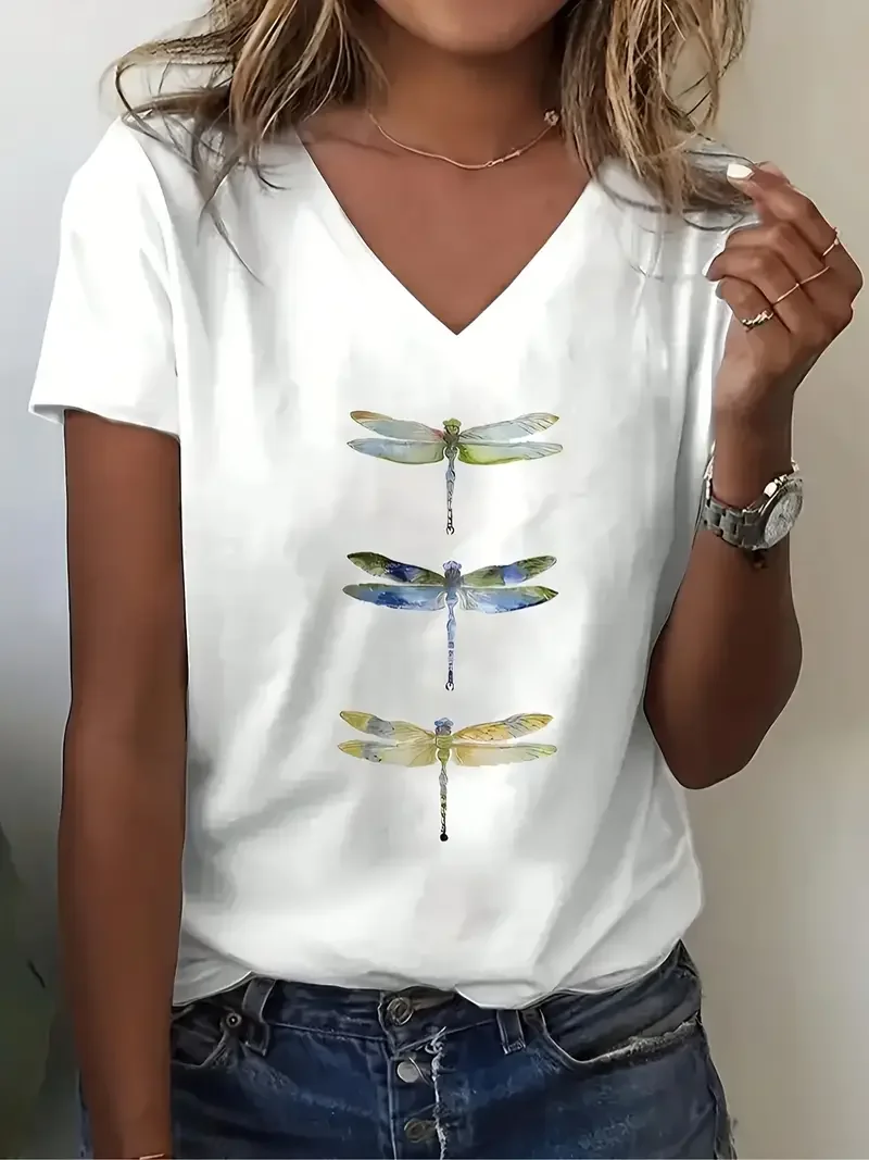 حجم كبير 1XL-5XL المرأة الصيف تي شيرت برقبة شكل v مع اليعسوب تي شيرت مطبوع السيدات عادية تي شيرتات قصيرة الاكمام بلايز