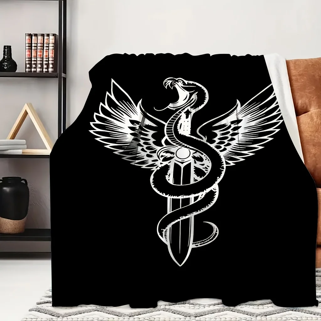 1pc Wing Staff Snake Dark Gothic Medical Symbol Print Flannel Blanket, Soft and Practical, Suitable for Blankets, Kid Bed Covers