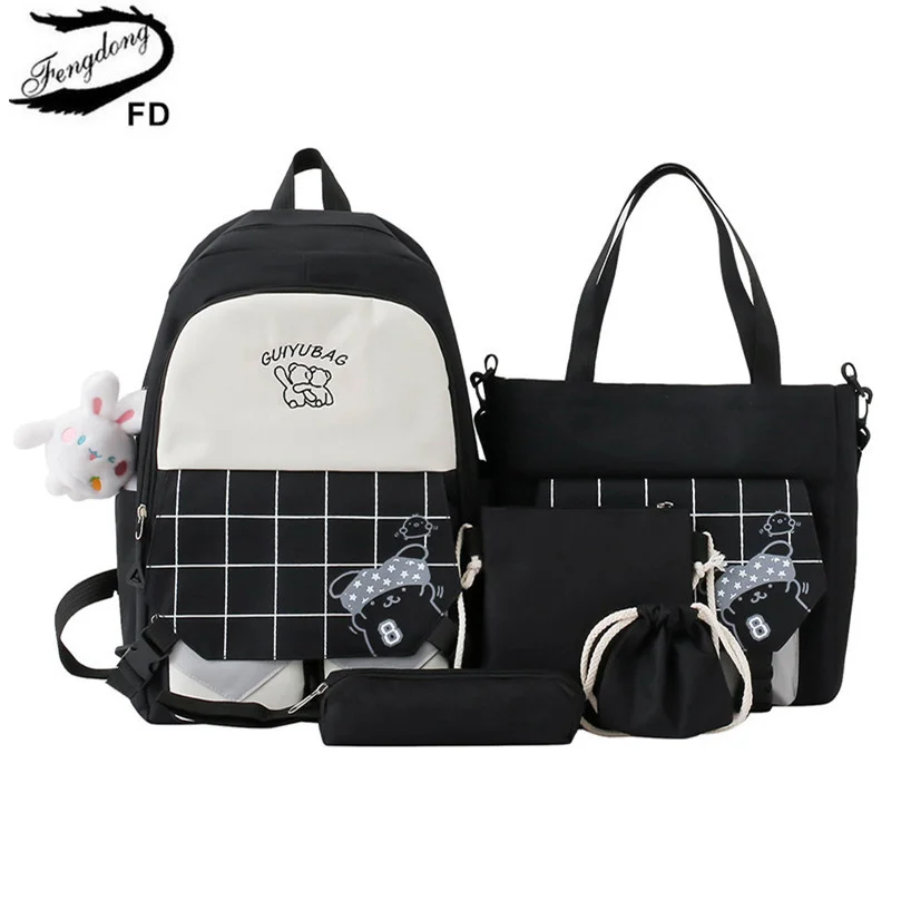 Mochila escolar a cuadros para niños, bolsos kawaii para niños, bolso de mano para niñas, juego de lápices, blanco y negro, 6 piezas por juego